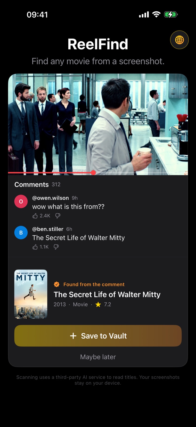 ReelFind reading a comment screenshot and finding the movie The Secret Life of Walter Mitty