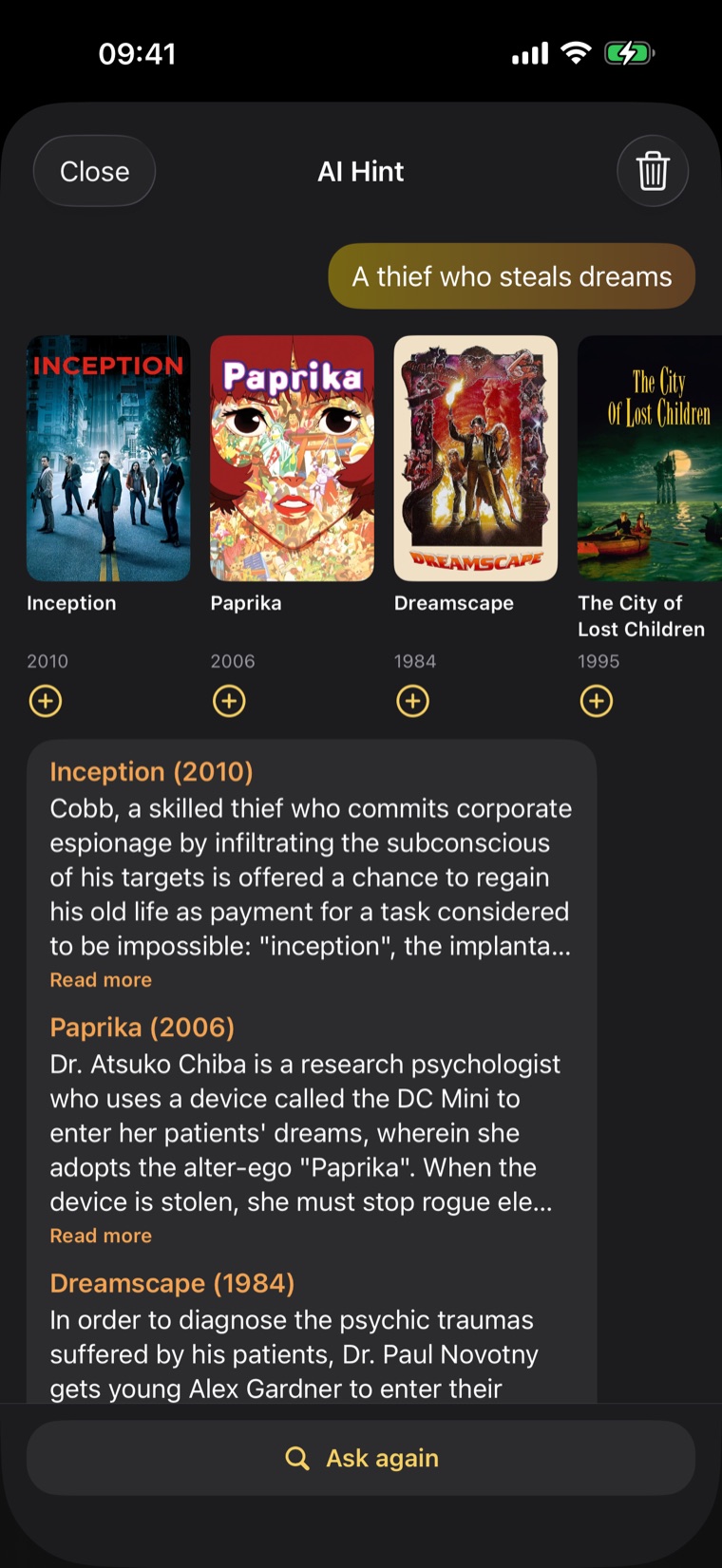 AI Hint identifying Inception from the description a thief who steals dreams