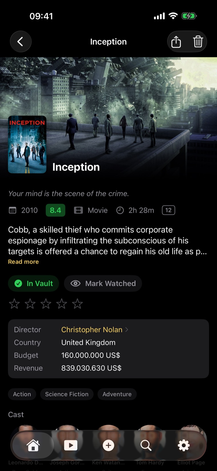 Movie detail page for Inception